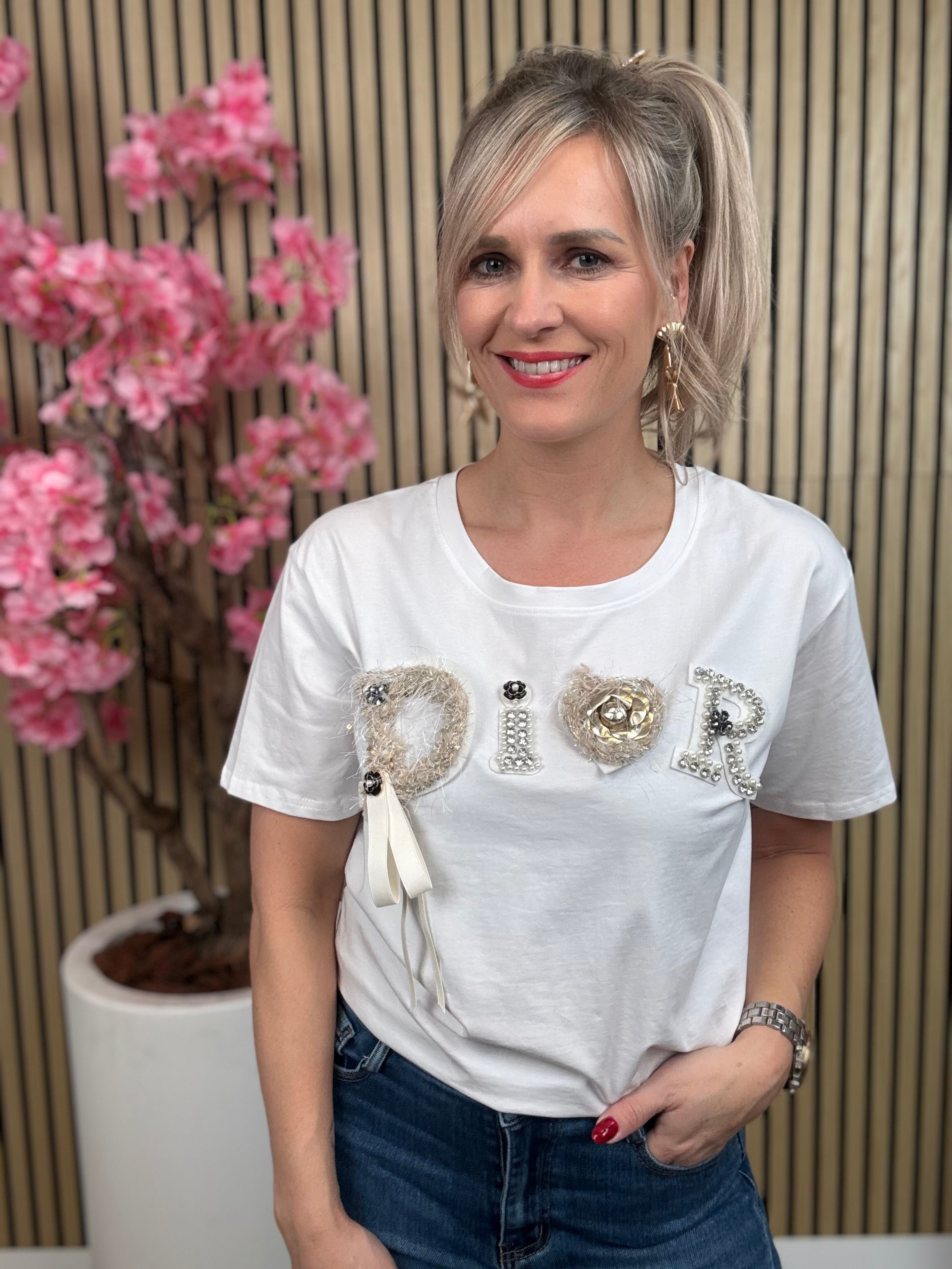 Shirt | Glitter met strik | Wit