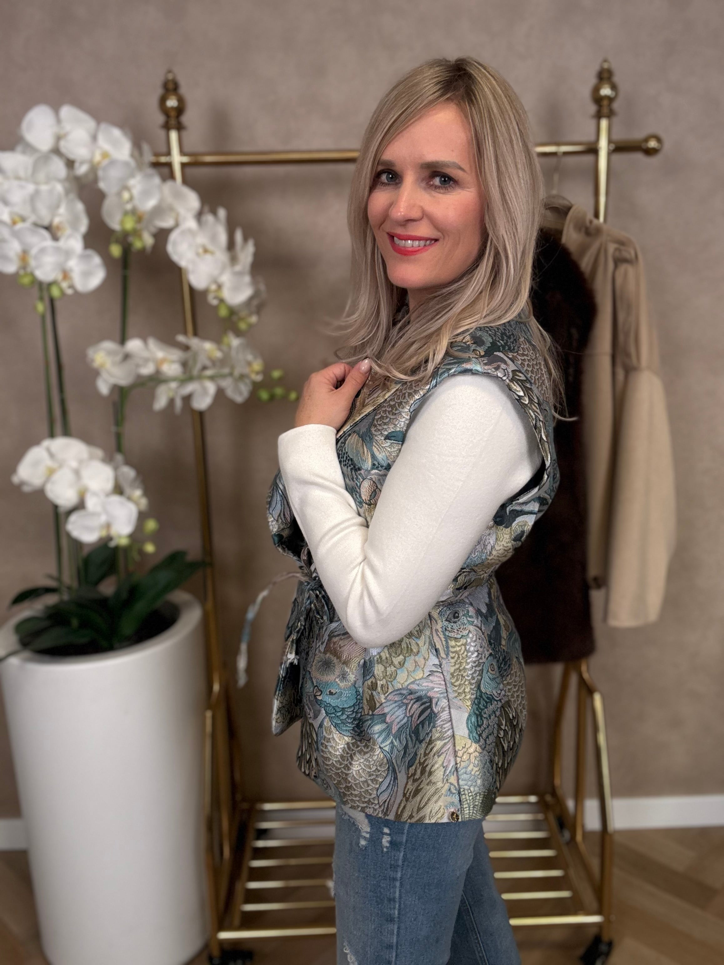 Gilet | Vogelprint | Blauw-Groen