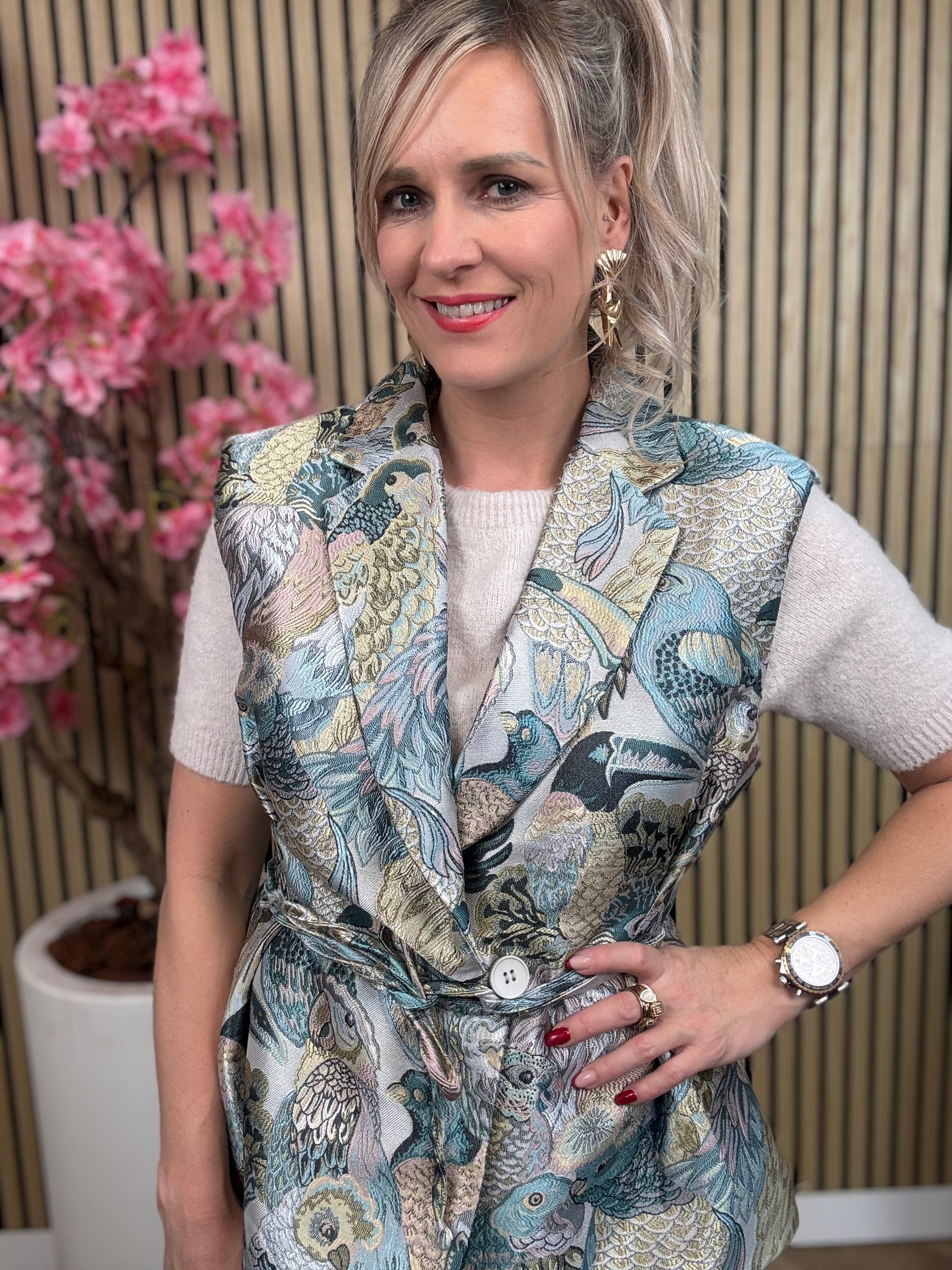 Gilet | Vogelprint | Blauw-Groen