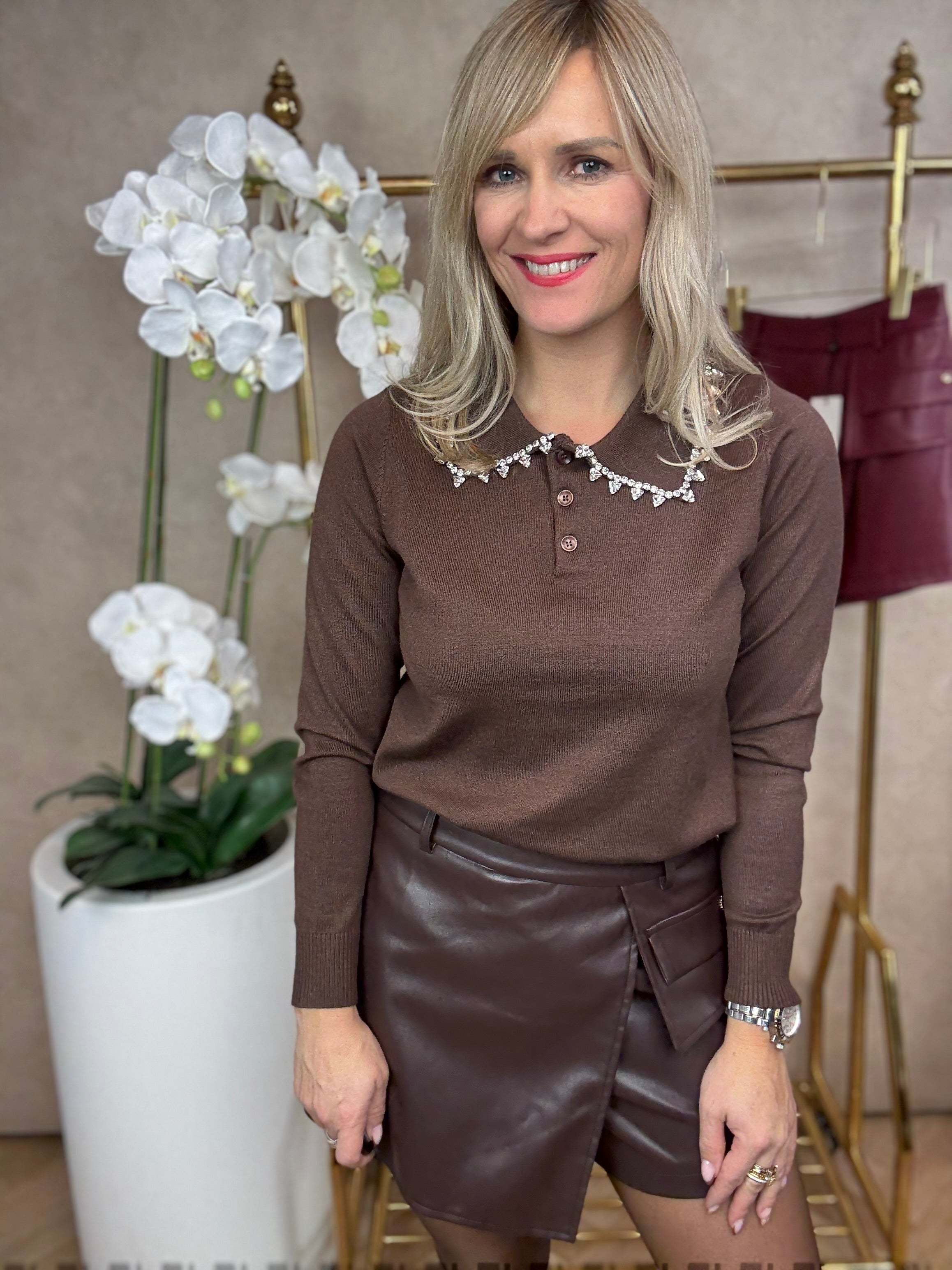 Trui | strasstenen kraag | Bruin