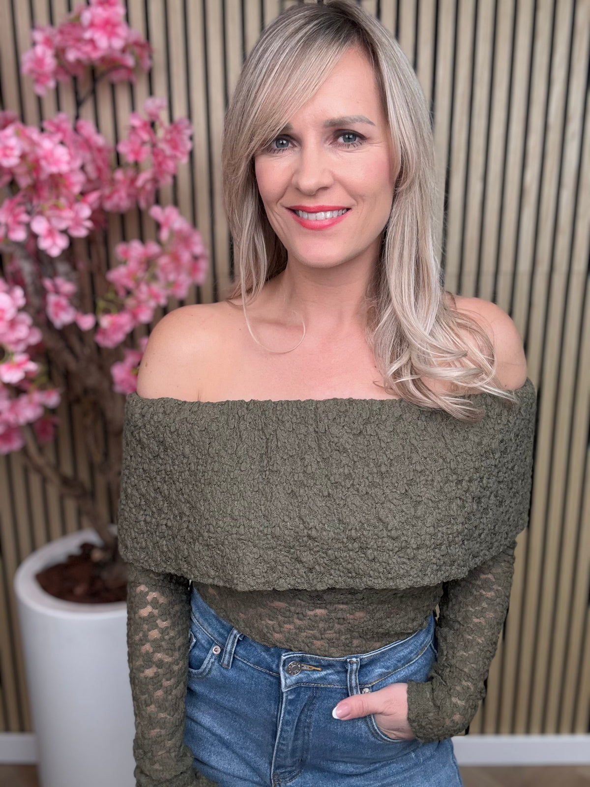 Pullover | Off-Shoulder | Armeegrün