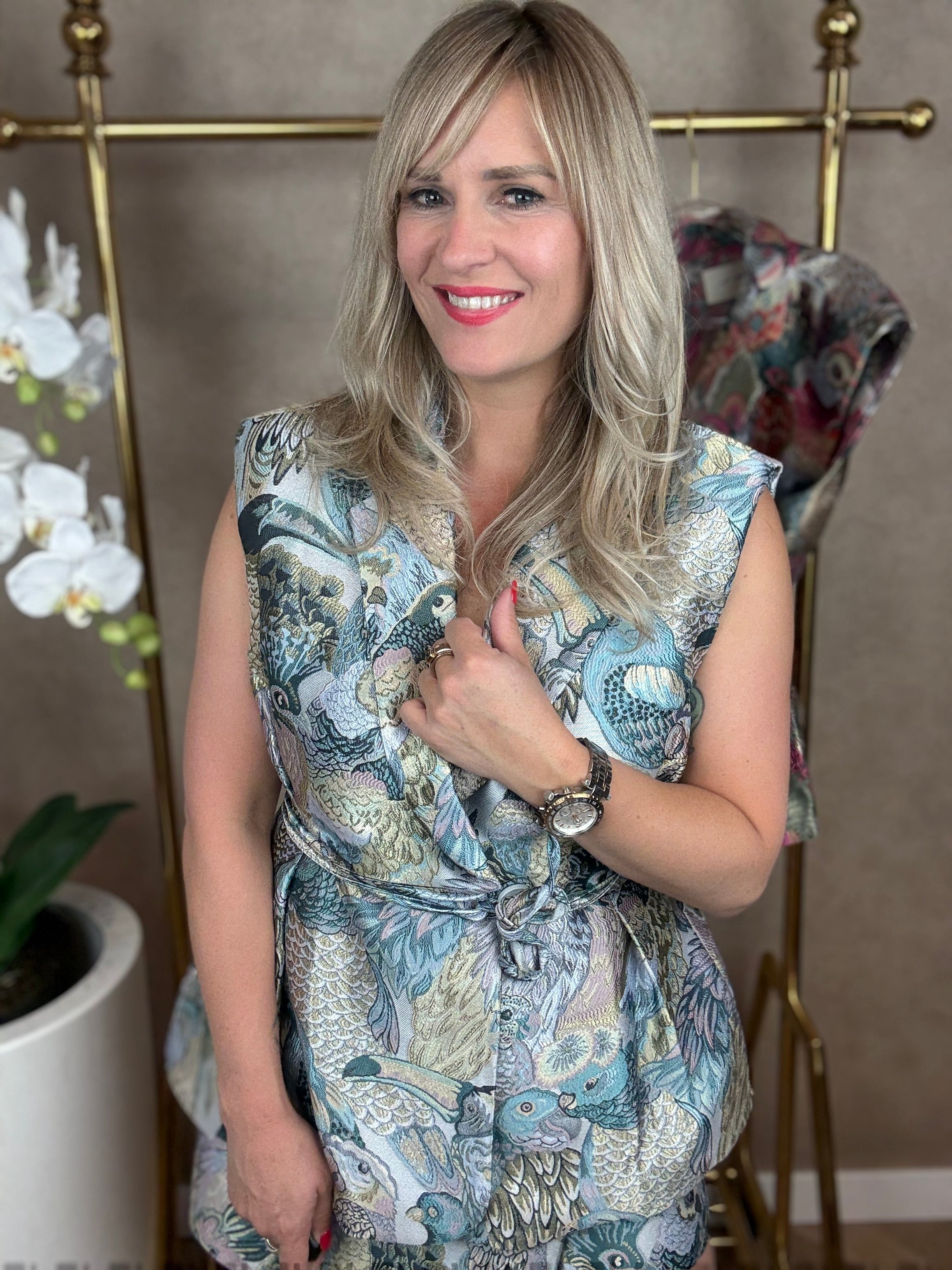 Gilet | Vogelprint | Blauw-Groen