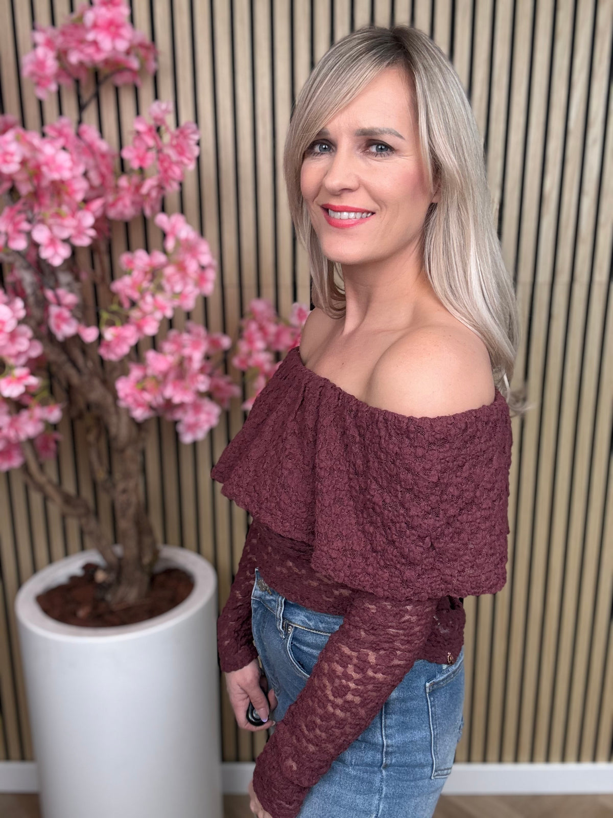Pullover | schulterfrei | bordeauxrot