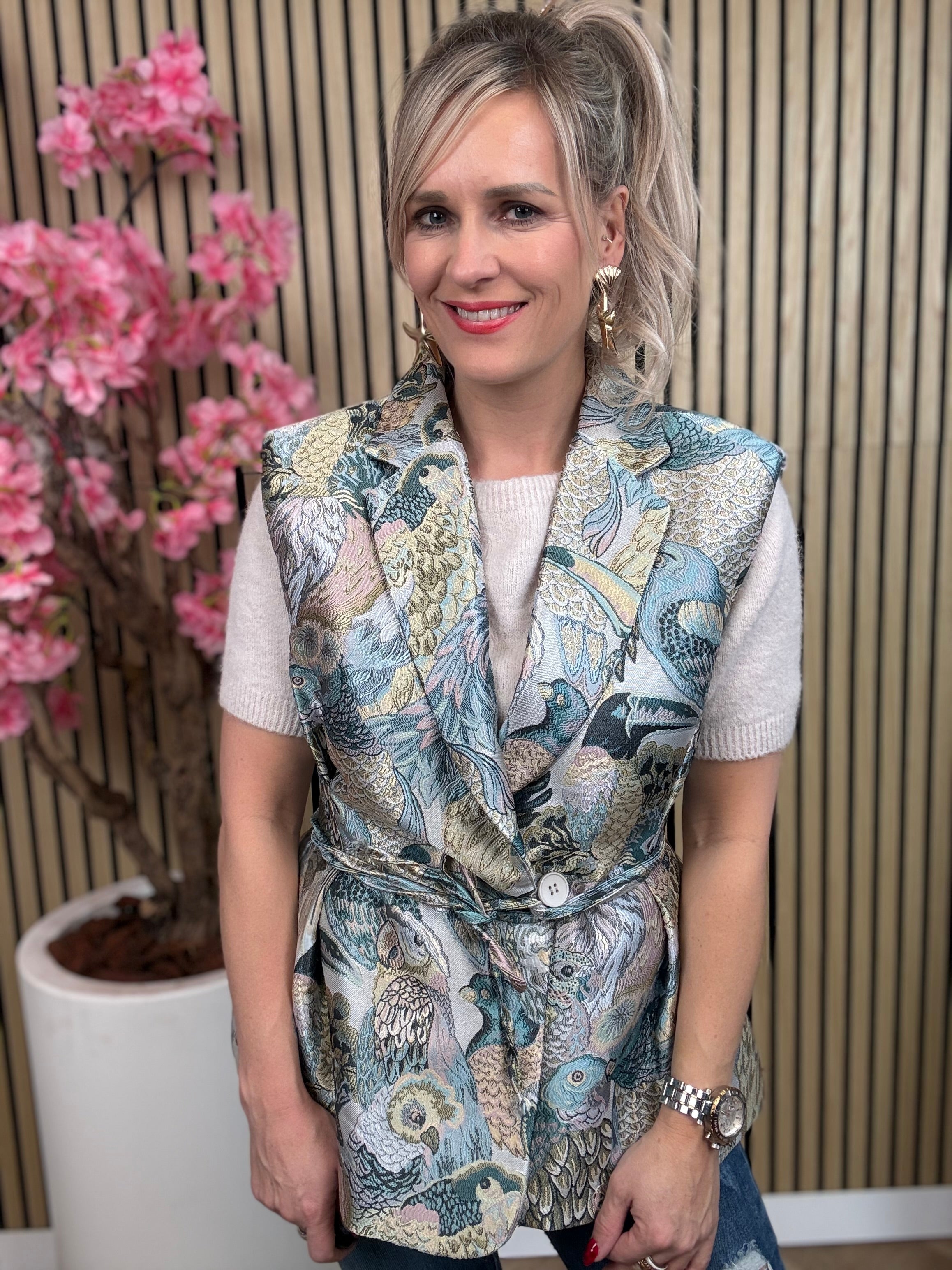 Gilet | Vogelprint | Blauw-Groen