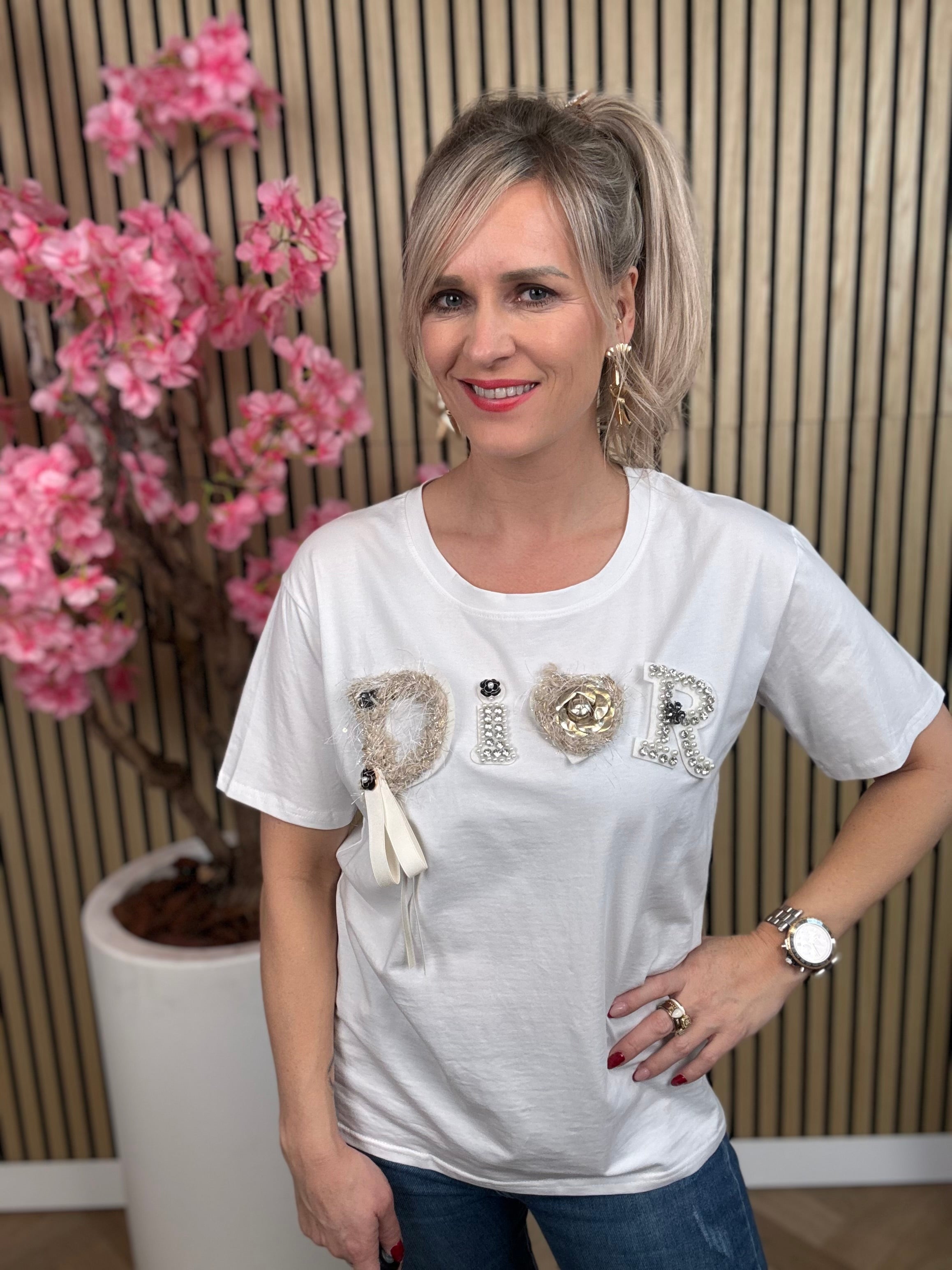 Shirt | Glitter met strik | Wit