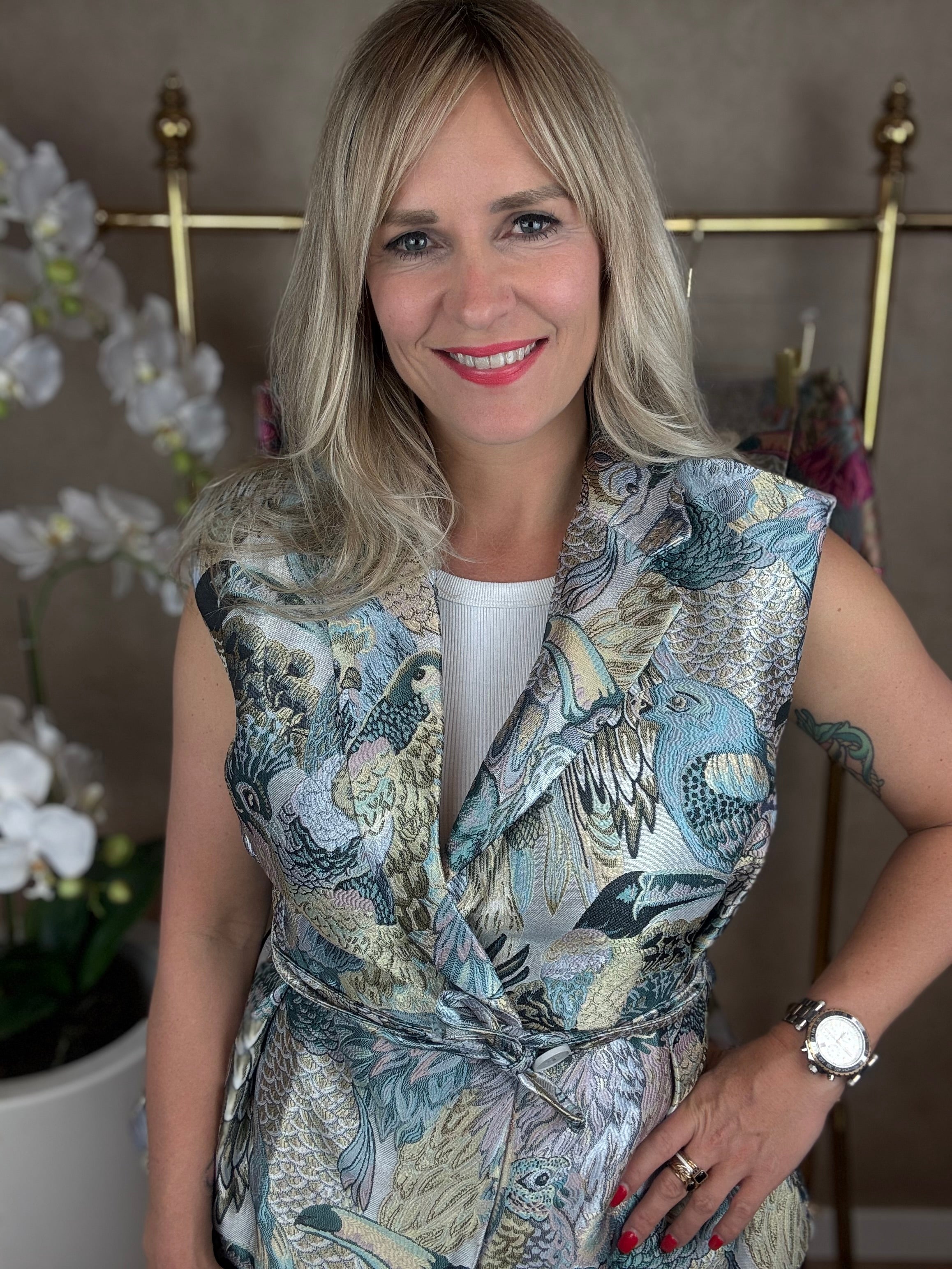 Gilet | Vogelprint | Blauw-Groen