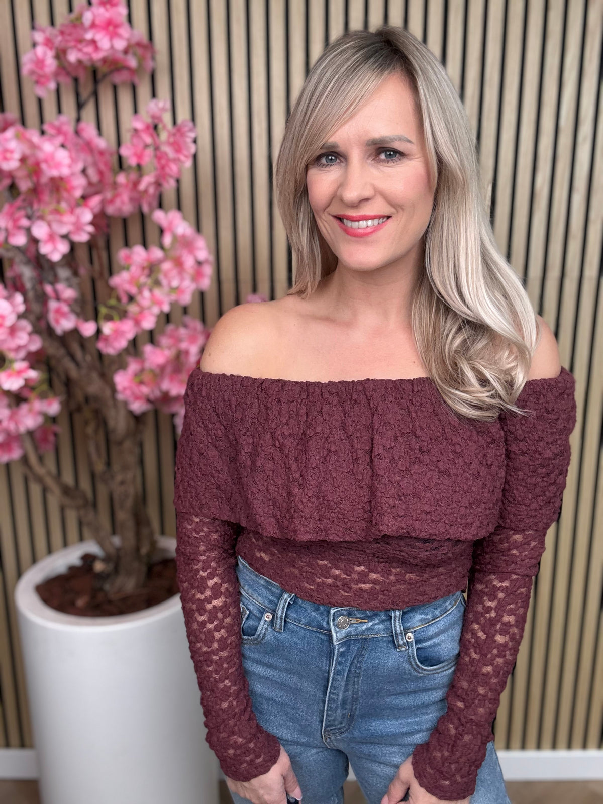 Pullover | schulterfrei | bordeauxrot