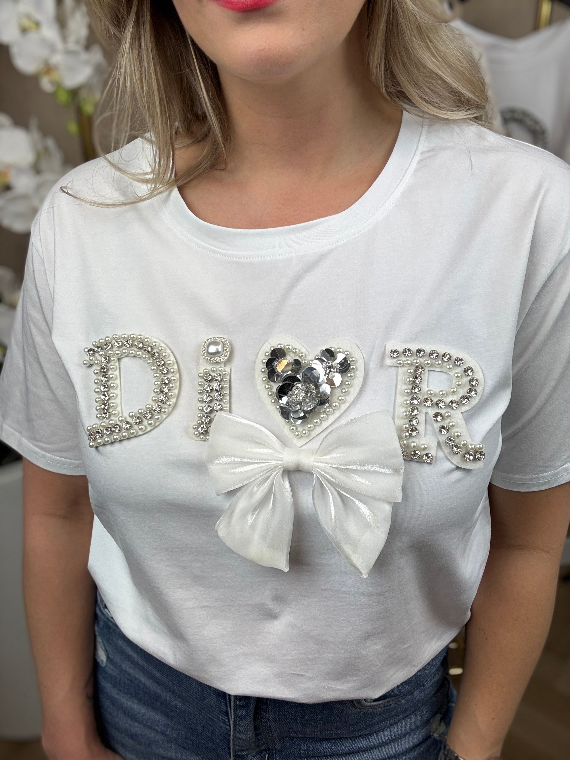 Shirt | Glitter met strik | Wit