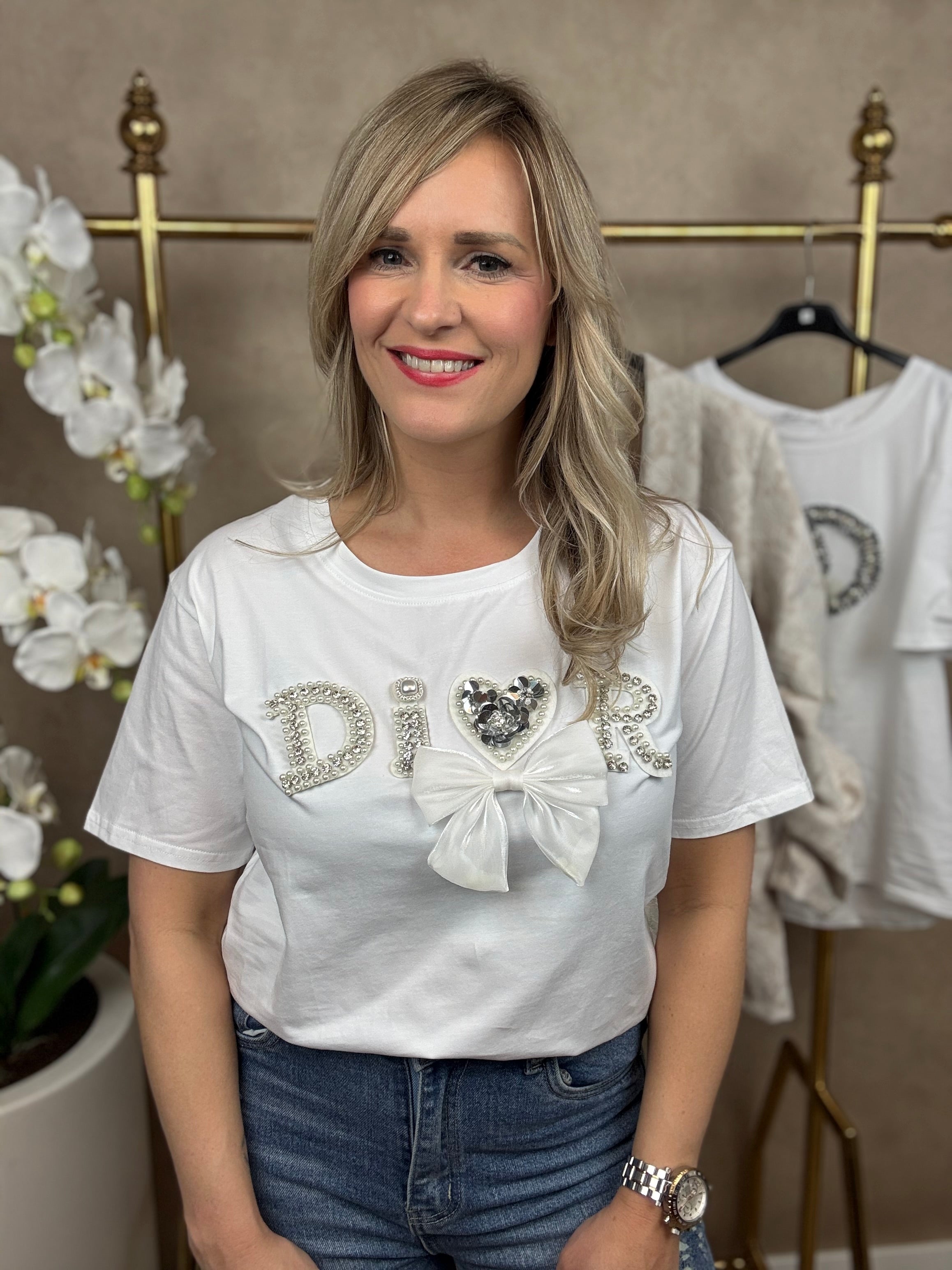 Shirt | Glitter met strik | Wit