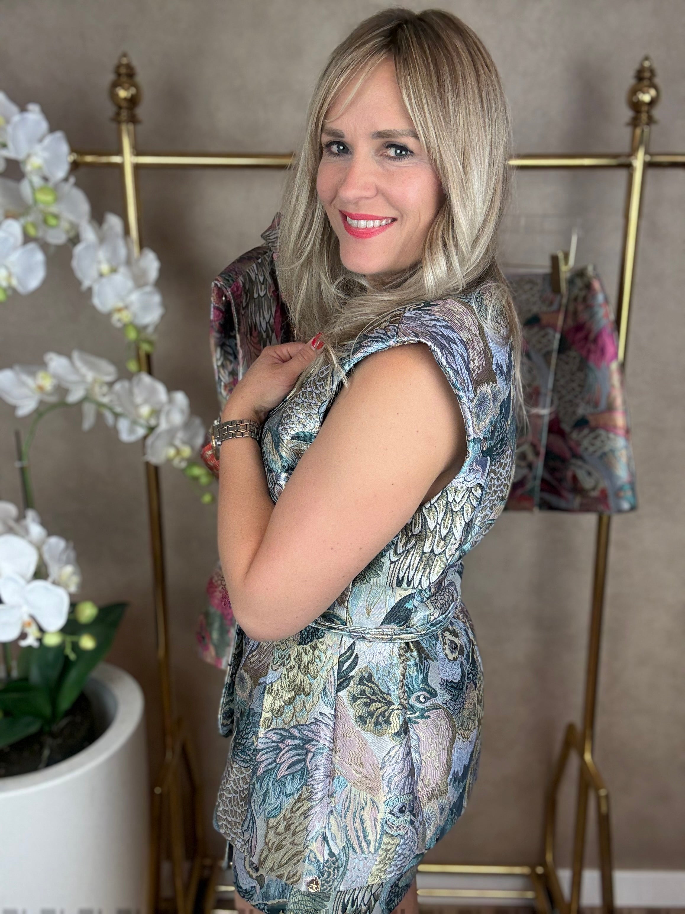 Gilet | Vogelprint | Blauw-Groen