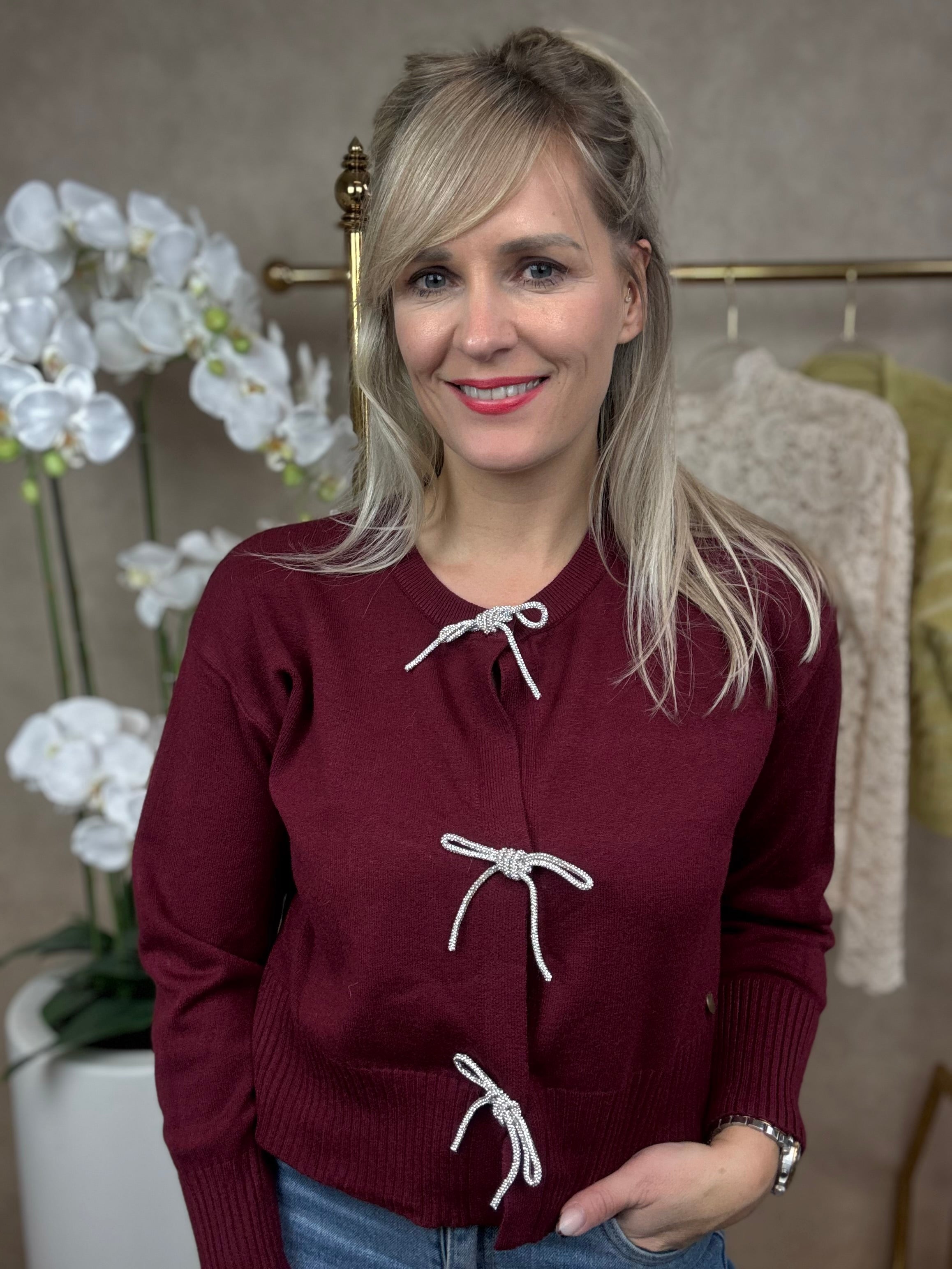 Vestje | Strass strikjes | Bordeaux rood