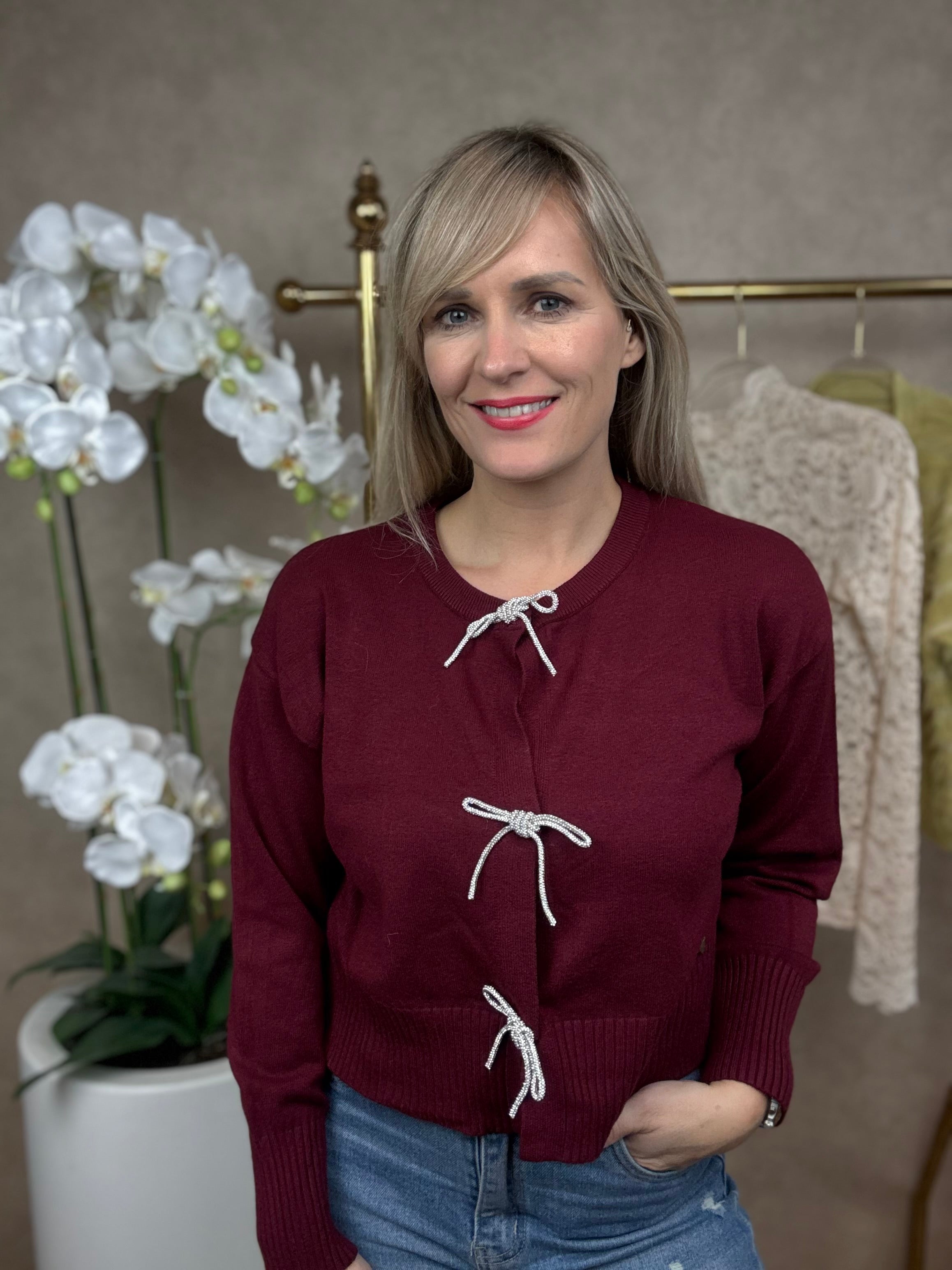 Vestje | Strass strikjes | Bordeaux rood