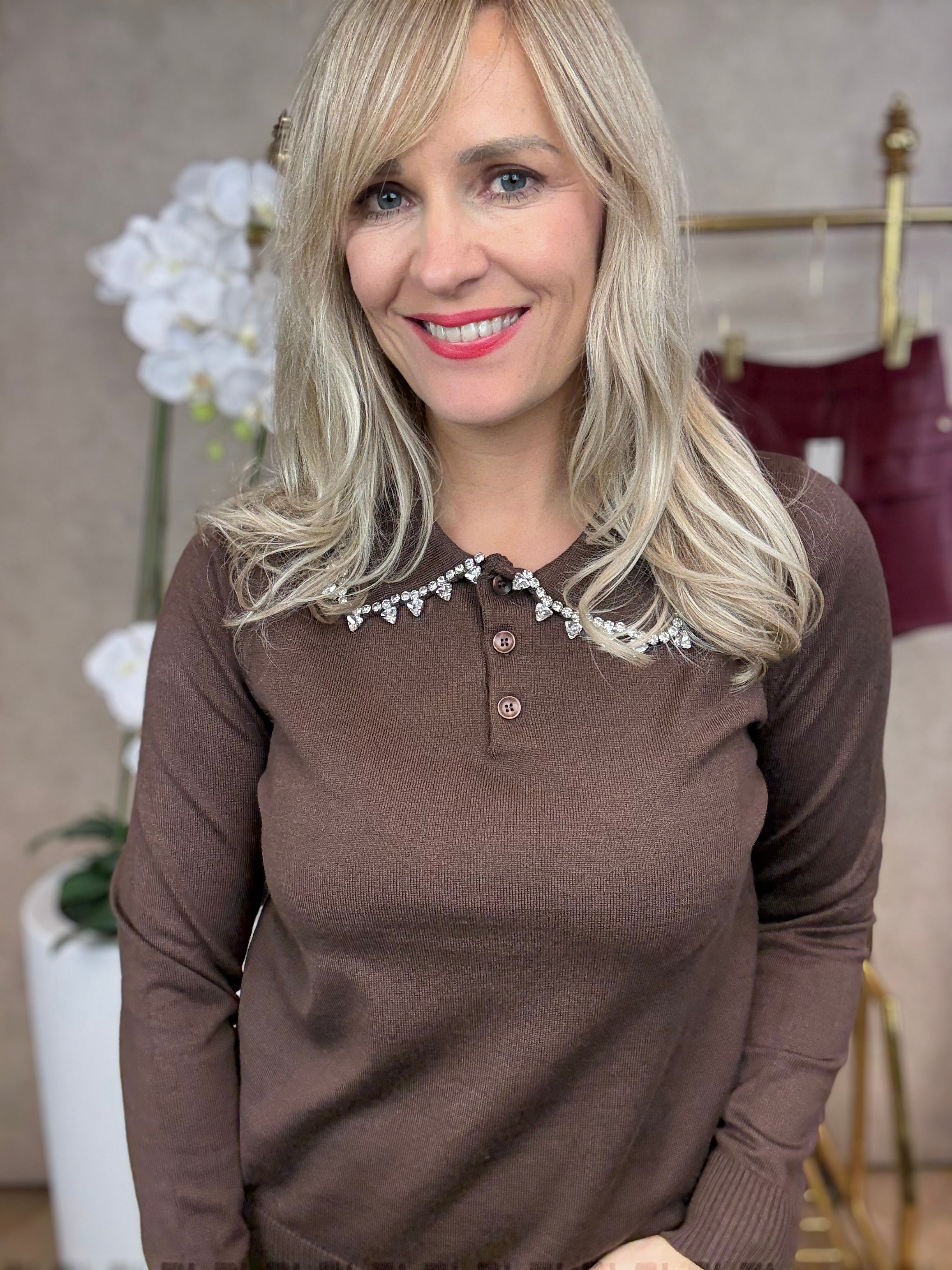 Trui | strasstenen kraag | Bruin