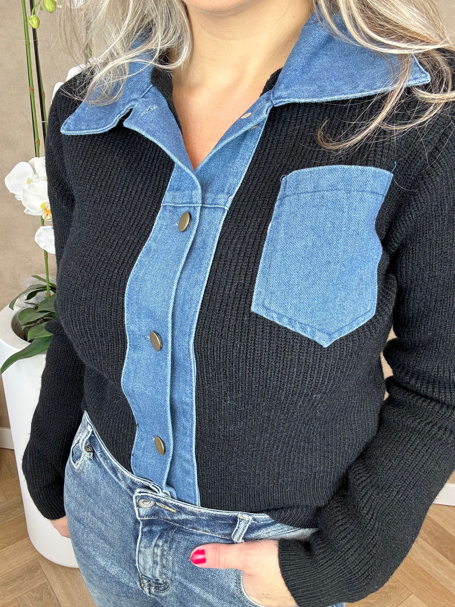 Vest met denimlook | Sophia | Zwart & Blauw