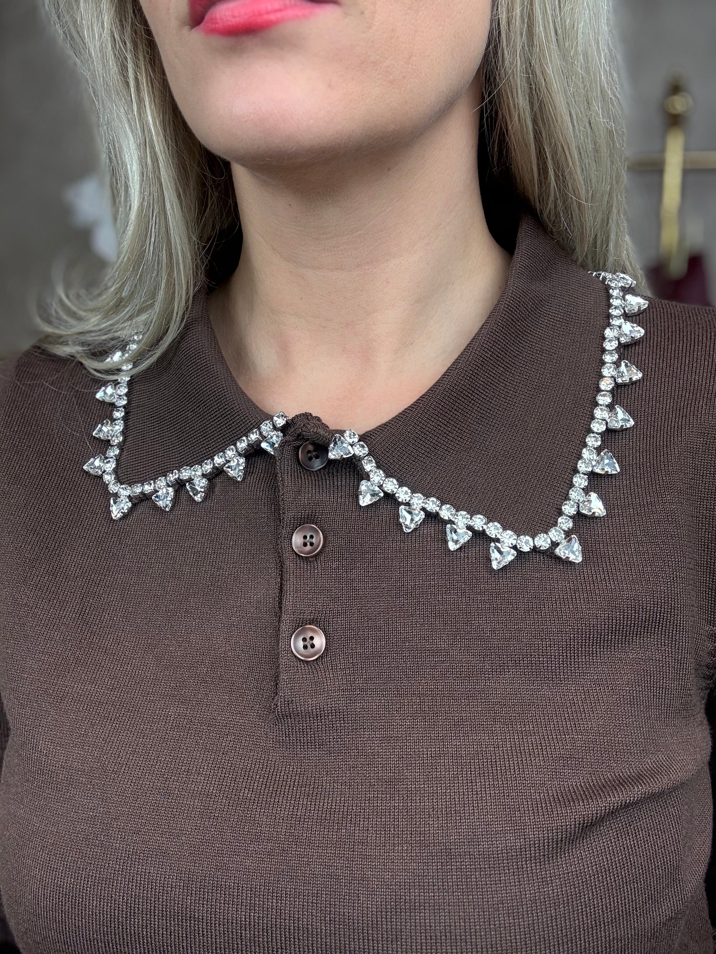 Trui | strasstenen kraag | Bruin