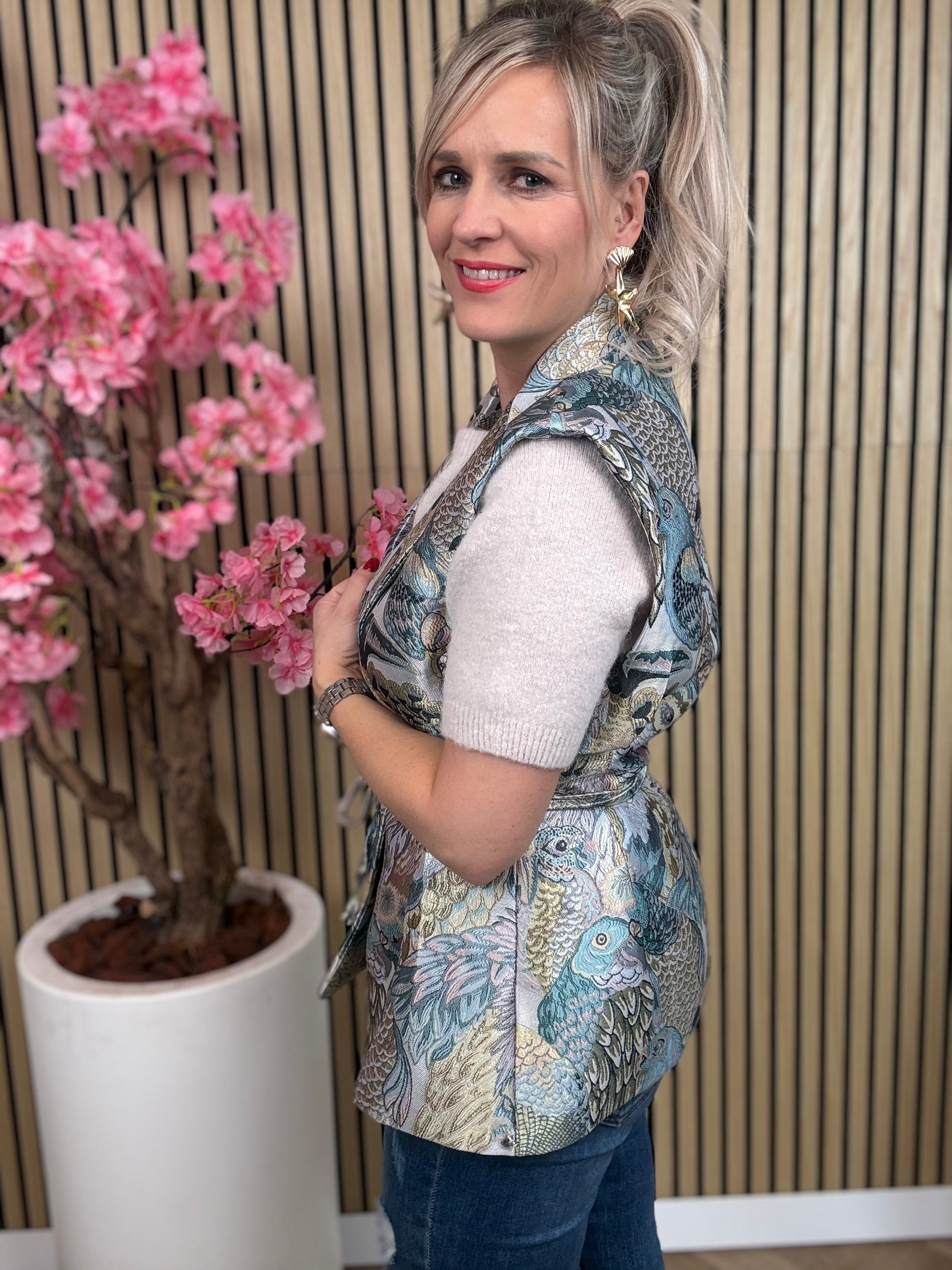 Gilet | Vogelprint | Blauw-Groen