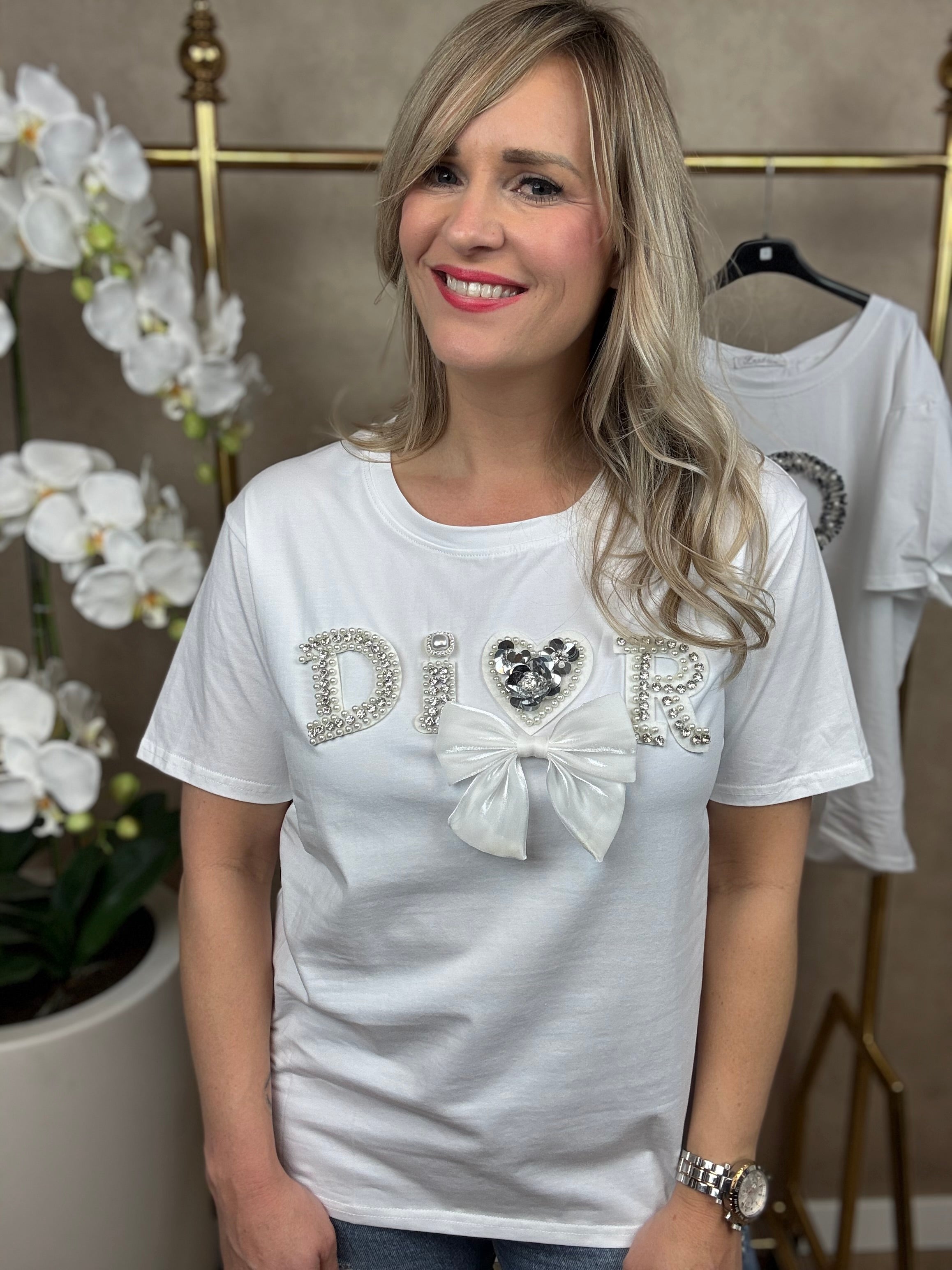 Shirt |  Glitter met strik | Wit