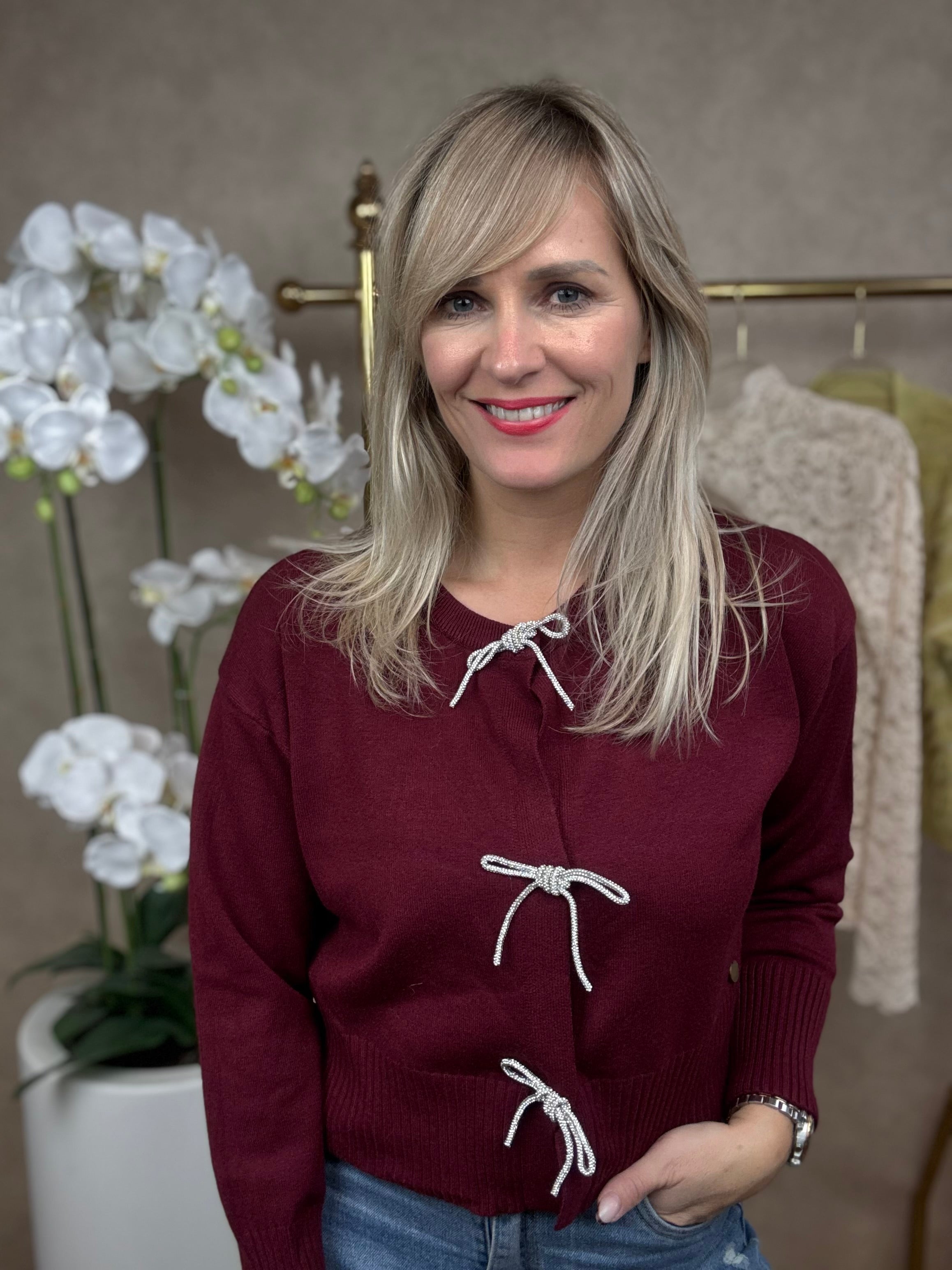 Vestje | Strass strikjes | Bordeaux rood