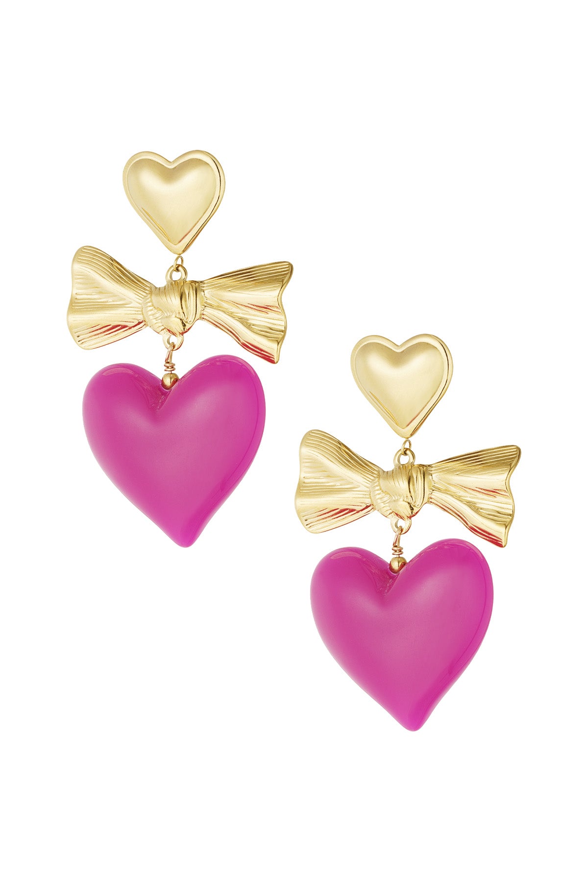 Oorbellen gekleurd hart en strik - fuchsia