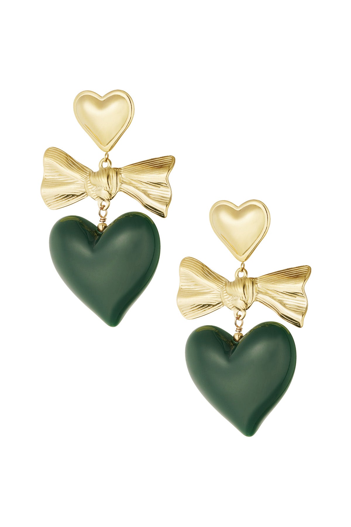 Oorbellen gekleurd hart en strik - groen & Goud kleur