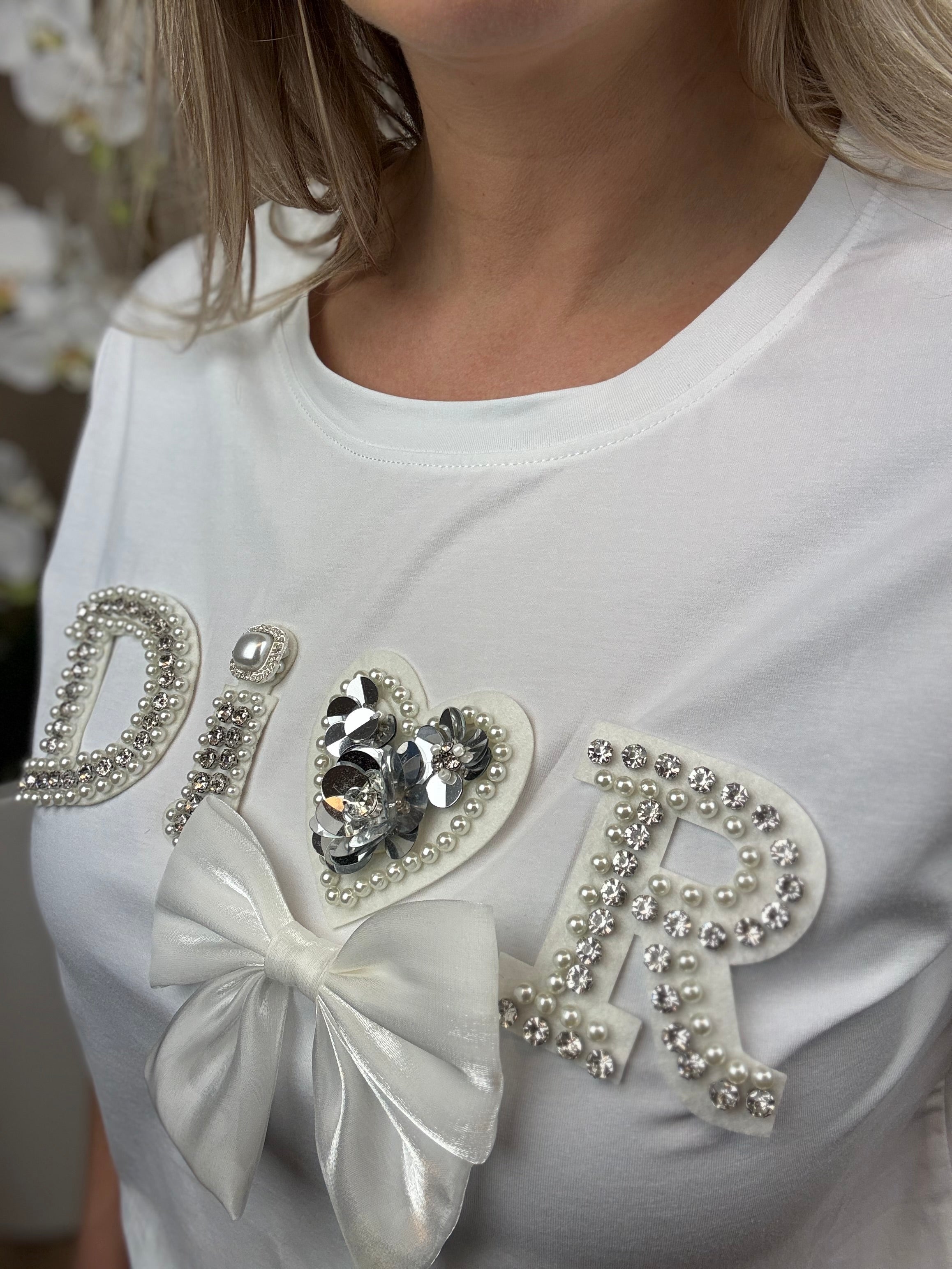 Shirt |  Glitter met strik | Wit