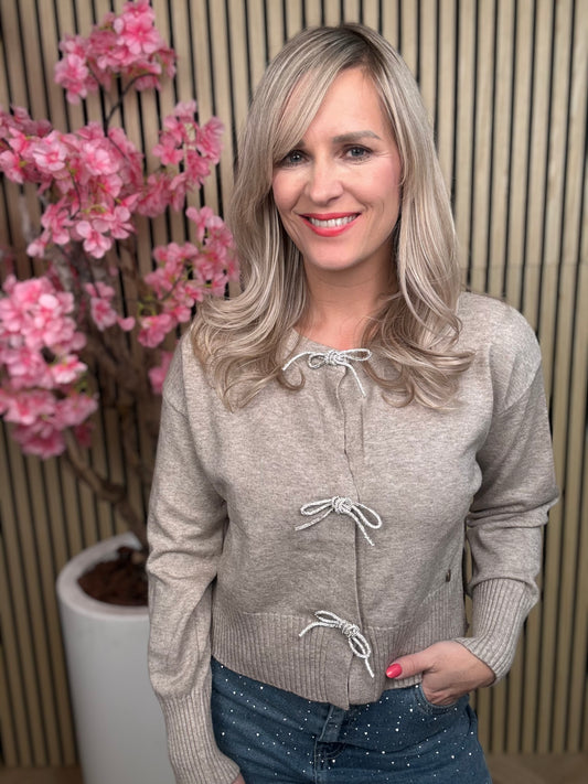 Vestje | Strass strikjes | Beige