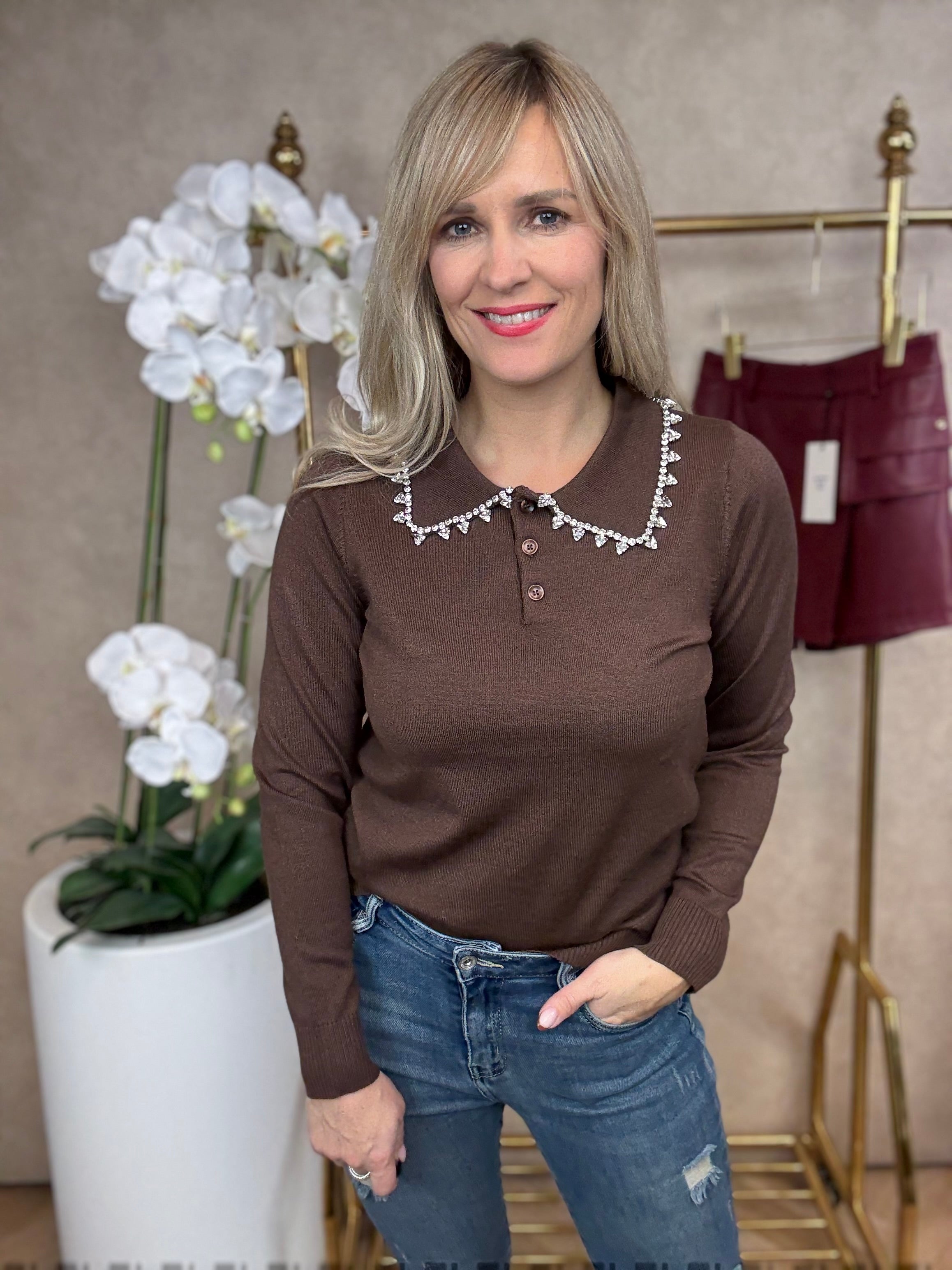 Trui | strasstenen kraag | Bruin