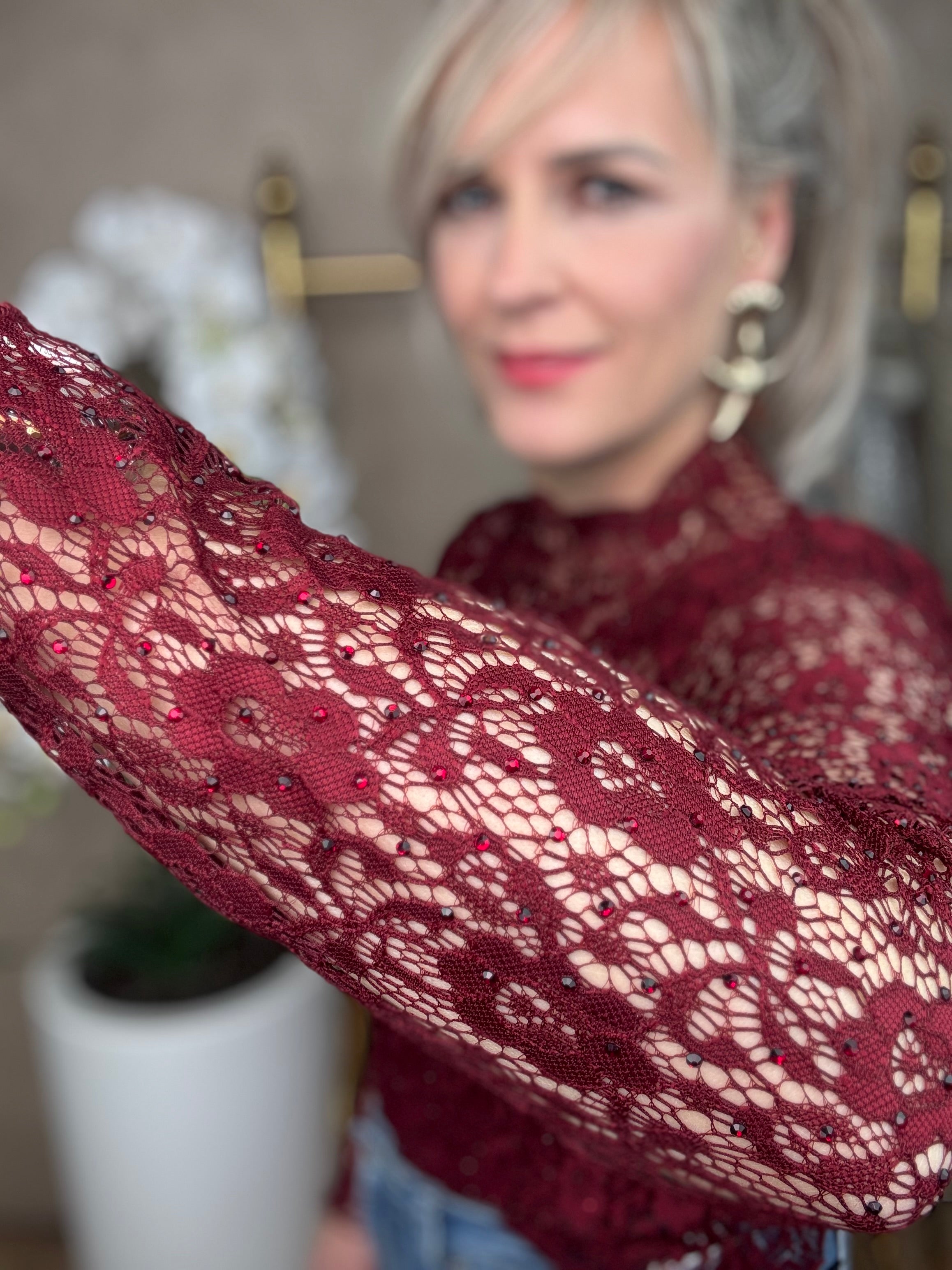 Kanten top | Ambika | bordeaux rood