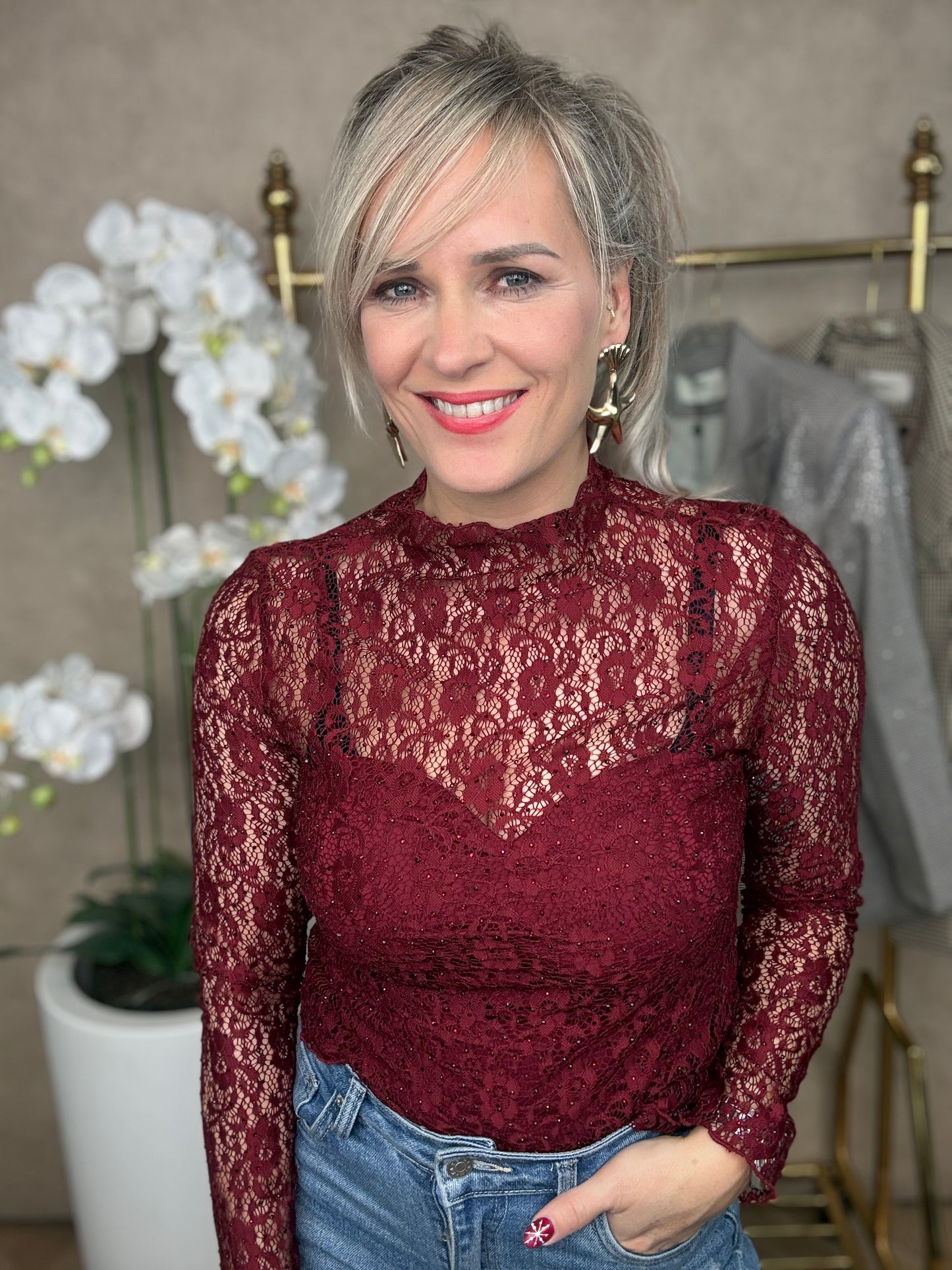 Kanten top | Ambika | bordeaux rood