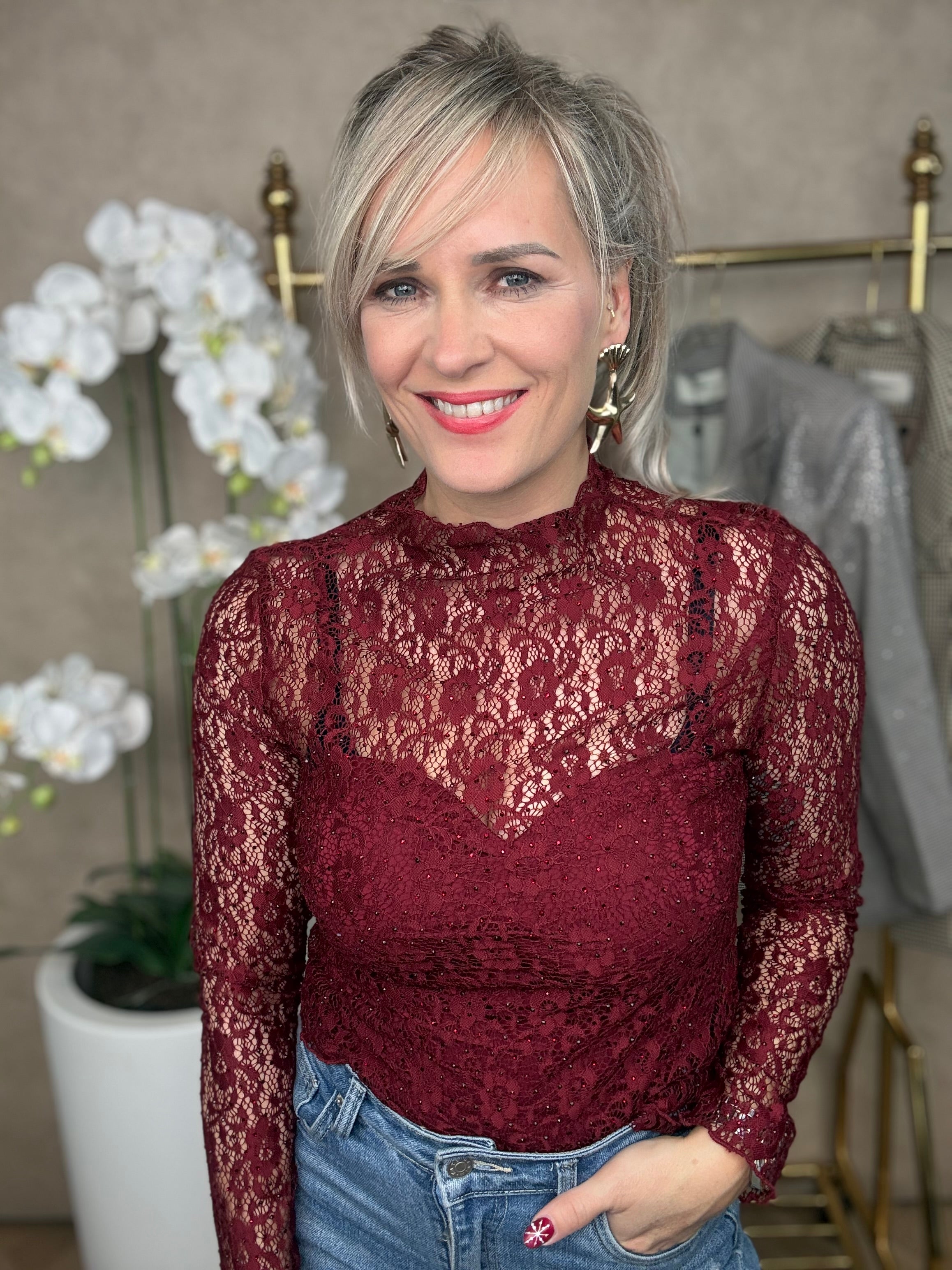 Kanten top | Ambika | bordeaux rood